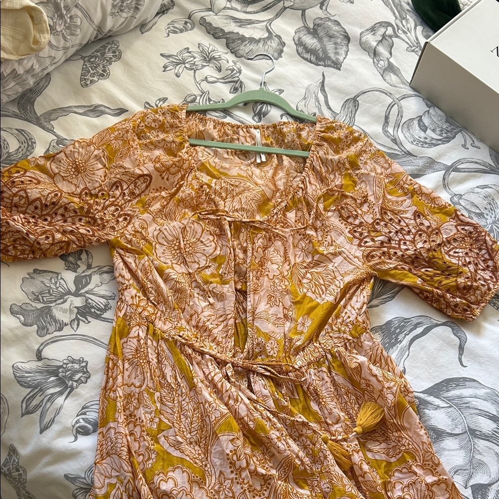 Anthropologie Embroidered Pink and Yellow Floral Long Duster Dress -
